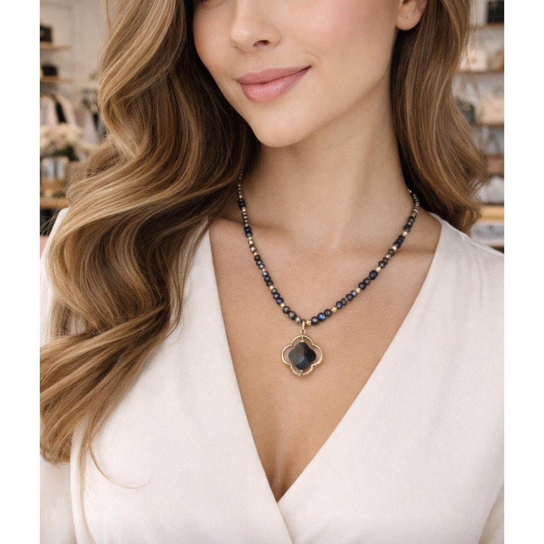 Pomina Gray Gold Beaded Crystal Clover Necklace New